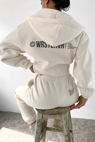 C&C OKULCUNUZ Kadın Wrst Baskılı Fermuarlı Krem Eşofman Takımı