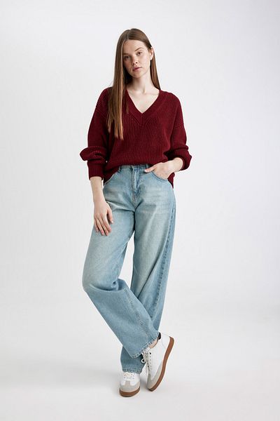 DeFacto Burgunderfarbener Damen-Strickpullover mit V-Ausschnitt in Übergröße – Z7135az/br466