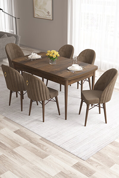 Canisa Roz Serisi 80x132 Mdf Açılabilir Barok Ahşap Desen Masa Takımı 6 Kahverengi Sandalye