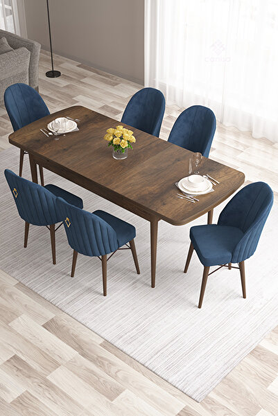 Canisa Roz Serisi 80x132 Mdf Açılabilir Barok Ahşap Desen Masa Takımı 6 Lacivert Sandalye