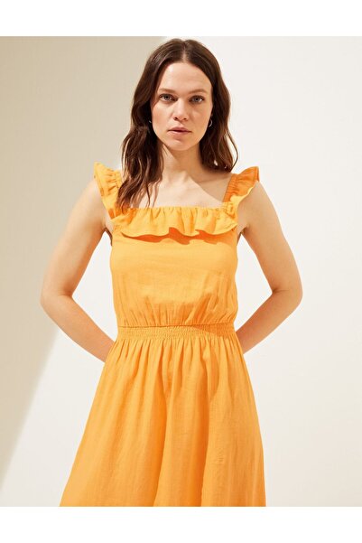 Marks & Spencer Fırfır Detaylı Midi Keten Elbise