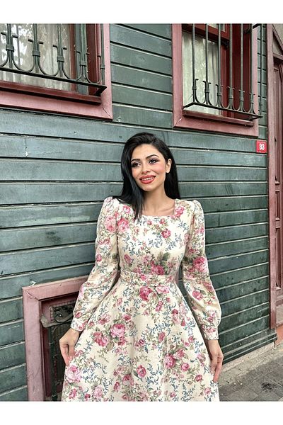KÜÇÜĞÜM BUTİK Creme-rosa ausgestelltes Vintage-Kleid mit eckigem Kragen und Blumenmuster