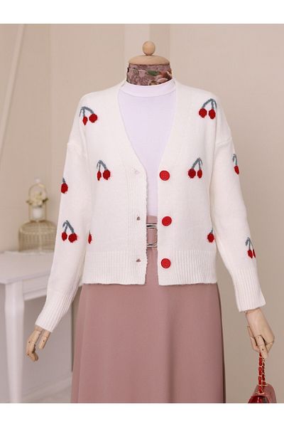 Modamorfo Ecrufarbene kurze Strickjacke mit Kirschmuster