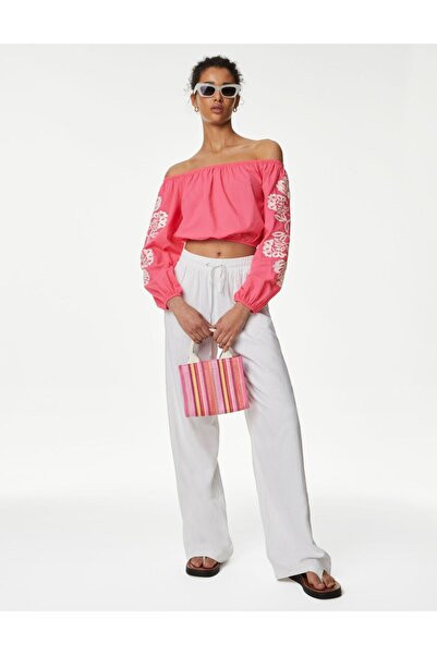 Marks & Spencer Saf Pamuklu Uzun Kollu Crop Bluz