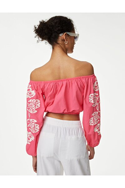 Marks & Spencer Saf Pamuklu Uzun Kollu Crop Bluz