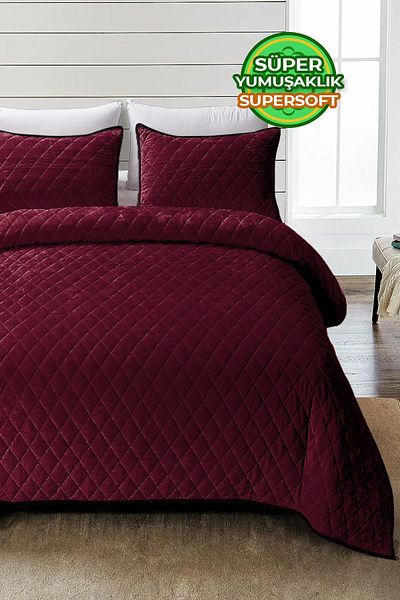 Evlen Home Collection Supersoft 3 Piece Suplementer Soft Red Fiber Filled Quilted Bed Cover Set