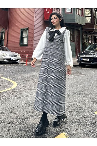 KÜÇÜĞÜM BUTİK Black Patterned Cotton Plaid Long Winter V-Neck Gilet Dress