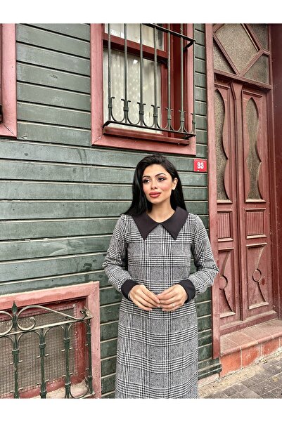 KÜÇÜĞÜM BUTİK Černé vzorované bavlněné kostkované šaty A-line