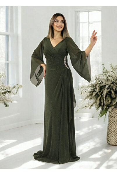FaBe Fashion Uzun Şal Kollu V Yakalı Beli Taş Aksesuarlı Simli Örme Nişan Söz Abiye Elbisesi