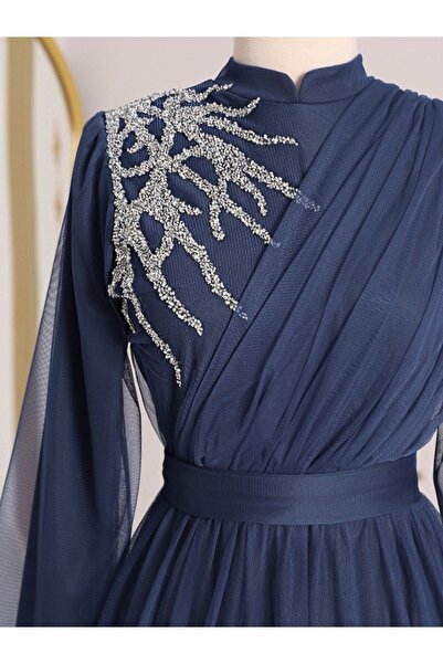 Modamorfo Önü Taş Detaylı Drapeli Kemerli Tül Abiye -koyu Mavi