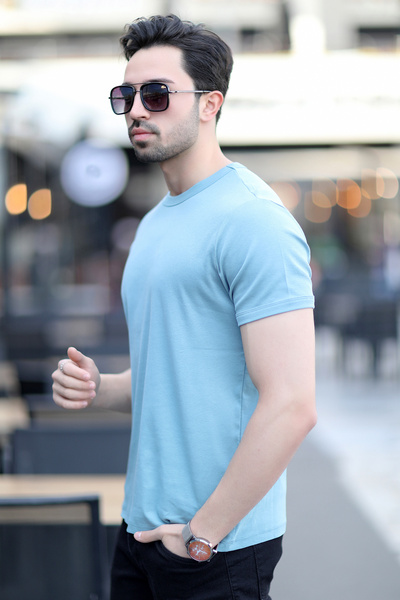 JB John Borners Tricou bărbați din bumbac cu nervuri cu guler rotund albastru deschis - 2143