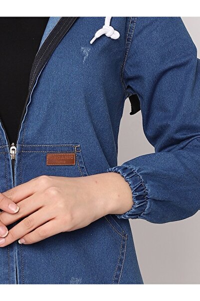 Modamorfo Boydan Fermuarlı Kapşonlu Kot Kap -Mavi