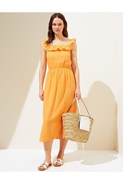 Marks & Spencer Fırfır Detaylı Midi Keten Elbise