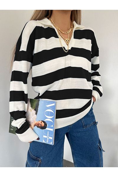 Modamorfo Gestreifter Polo-Strickpullover mit V-Ausschnitt – Schwarz