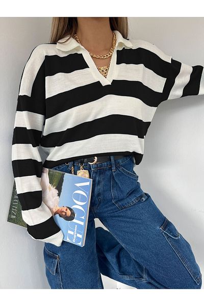Modamorfo Gestreifter Polo-Strickpullover mit V-Ausschnitt – Schwarz