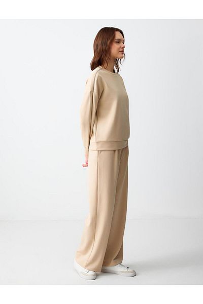 Jimmy Key Beige Relaxed Fit High Waist Wide Leg Knitted Modal Trousers