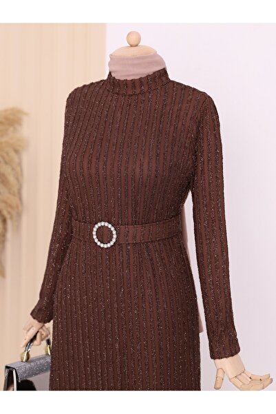 Modamorfo Sukienka z błyszczącego tiulu w paski z paskiem ze strasami - brązowa