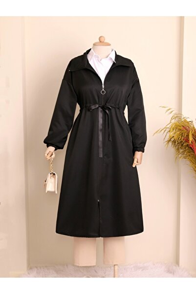 Modamorfo Schwarzer Trenchcoat mit Stehkragen und Tunnelzug