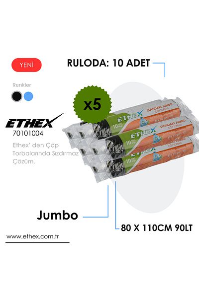 Ethex Standard Jumbo Garbage Bag - (10 Pieces, 80X110 Cm, 90 Liters, Black 5 Rolls)