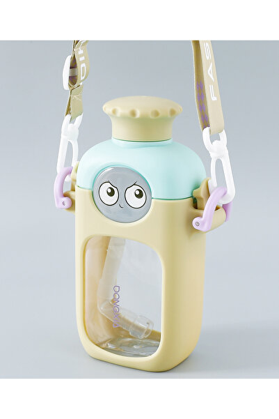 Fab N Funky Plastic Sipper Water Bottle With Strap, Leak Proof, Wide Mouth Opening, 3 Years+, Beige - 380mL