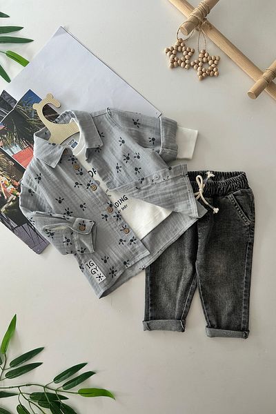 Minigimin Cicileri My Grey Mini's Flowers Printed Muslin Cotton 3-Piece Set for Baby Boy