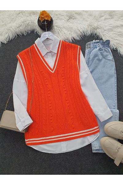 Modamorfo Sweter zimowy w paski z dekoltem w serek - pomarańczowy