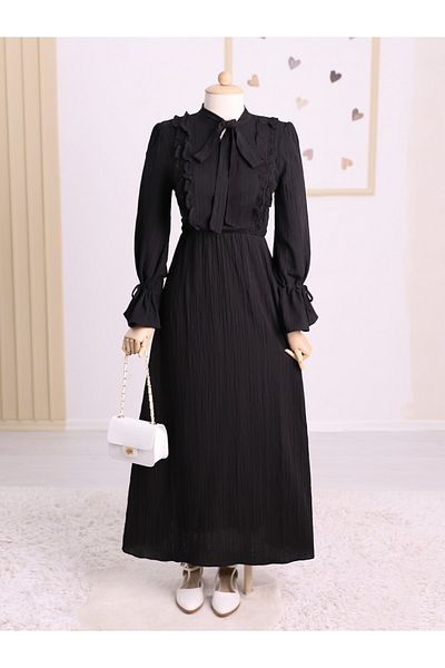 Modamorfo Front Ruffle Sleeve and Lace up Dress -Black