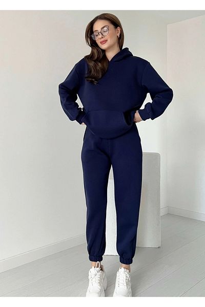Ayfer Σετ γυναικεία φόρμα με κουκούλα Navy Blue Felpa - 3 Thread A Quality