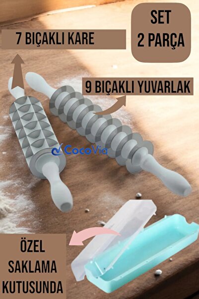 CocoVia ( 2'li Merdane Set ) 9 Bıçaklı Yuvarlak Ve 7 Bıçaklı Kare Mantı Merda...