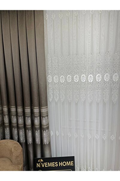 NİVEMESHOME Gold Detail Pearl 2967 1/3 Folding Tulle Curtain Apm