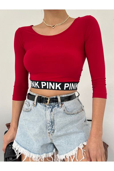 Modamorfo Pink Written Fakir Sleeve Elastic Crop -Red