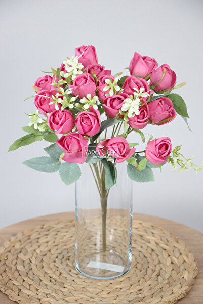 Yapay Çiçek Deposu Yapay Çiçek 18li Garnitürlü Tomur Gül Buketi Fuşya