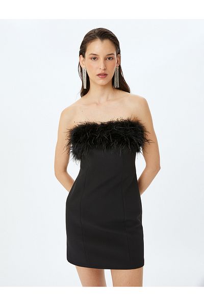 Koton Strapless Neckline Sleeveless Feather Detail Mini Slim Fit Evening Dress
