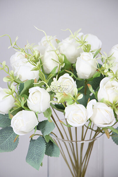 Yapay Çiçek Deposu Artificial Flower 18Pcs Garnished Bud Rose Bouquet White