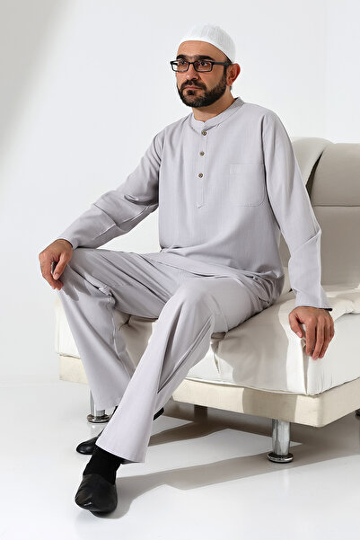 ihvan online Men's Gray Linen Two-Piece Suit - Prevailing Collar Shirt and Pants, Single Pocket Hajj Umrah Outfit