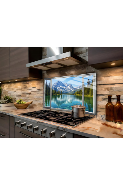 Harikabirev HARİKABİREV | Motiv de primăvară cu peisaj de lac și munte | STICLA REZISTENTA LA CALOR PENTRU SPATELE PLITII