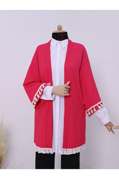 Modamorfo Rosafarbener Crinkle-Kimono – Schnürung an der Taille und Ärmel mit Quasten