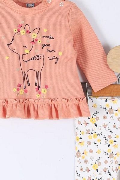 VALERY Baby Girl Deer Print Ruffled Salmon Double Bottom Top Set