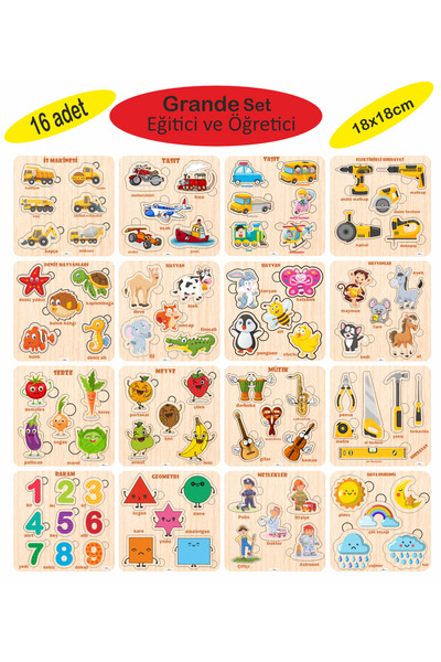 ASE DİZAYN Ahşap Çocuk puzzle Eğitici ve Öğretici Grande set BUL-TAK 16 adet 86 Parça