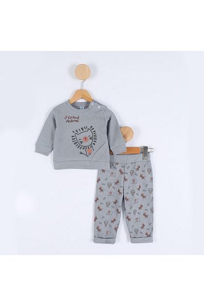 VALERY Baby Boy Lion Patterned Gray Double Bottom Top Set