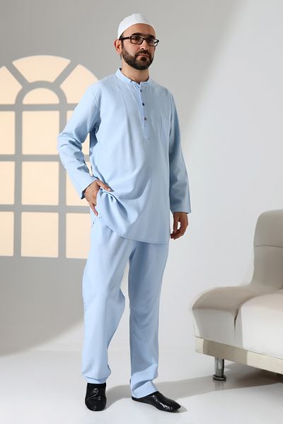 ihvanonline Men's Single Pocket Prevailing Collar Shirt Pants Linen Double Suit Hajj Umrah Outfit - Light Blue