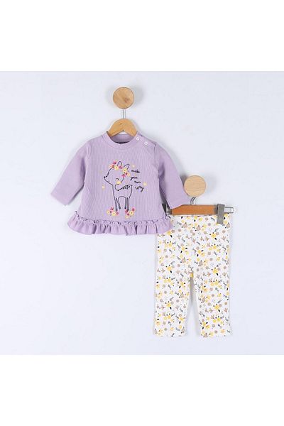 VALERY Baby Girl Deer Print Ruffled Lilac Double Bottom Top Set