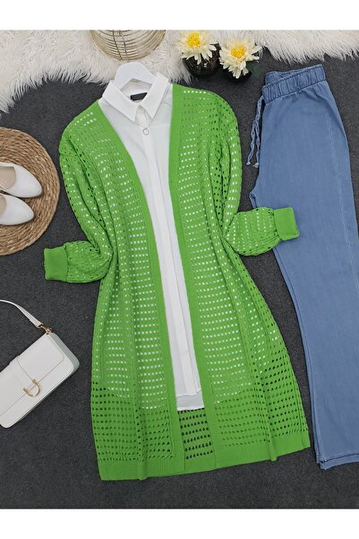 Modamorfo Ażurowy długi kardigan -f.zielony