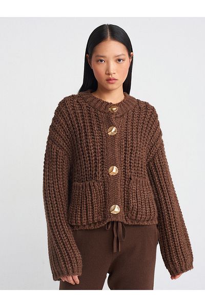 Dilvin 60960 Crew Neck Soft Textured Pocket Buttoned Knitwear Cardigan-Coffee
