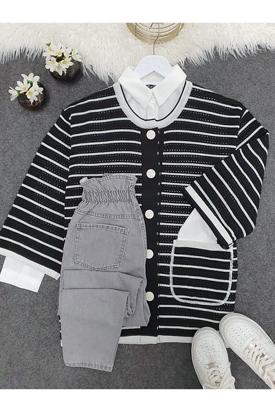 Modamorfo Round Neck Glitter Striped Buttoned Cardigan