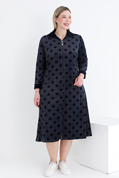 İntensive Kadın Puantiyeli Fermuarlı Cepli Pamuklu Kadife Büyük Beden Elbise
