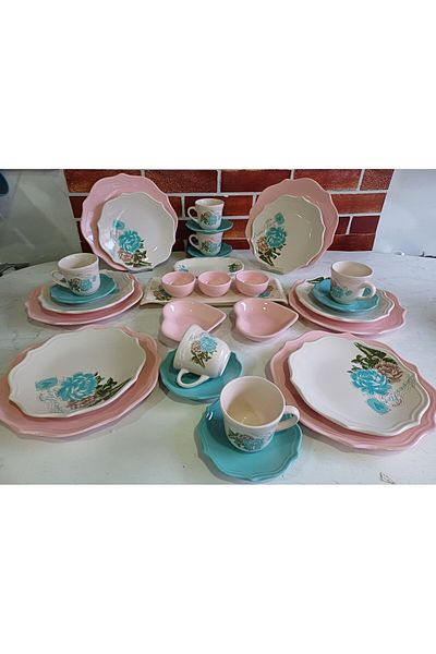 Keramika Keramica Turquoise Rose Pink 31 Pieces Brown Set