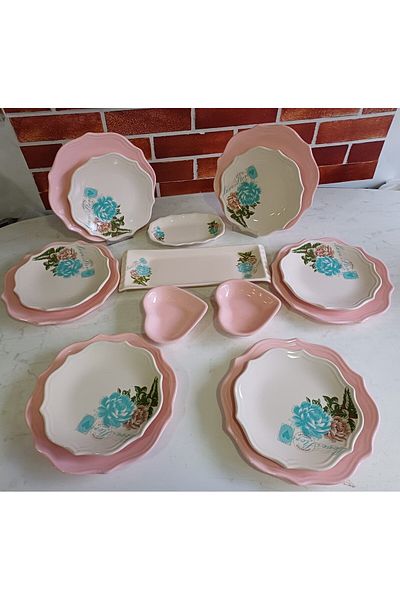 Keramika Keramica Turquoise Rose Pink 16 Pieces Brown Set