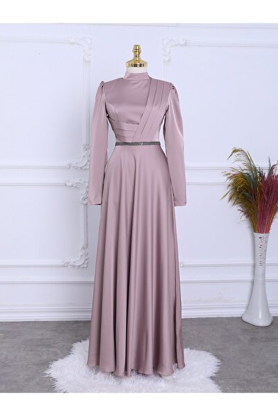 Modamorfo Satin Evening Dress with Draped Front and Bead Detail at Waist