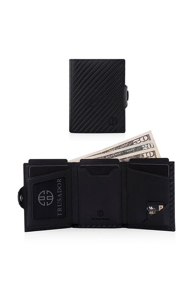 Trusador Θήκη κάρτας Verona Carbon Γνήσιο δερμάτινο πορτοφόλι Unisex Rfid Protected Minimalist Ανδρικό Γυναικείο Μίνι Δώρο